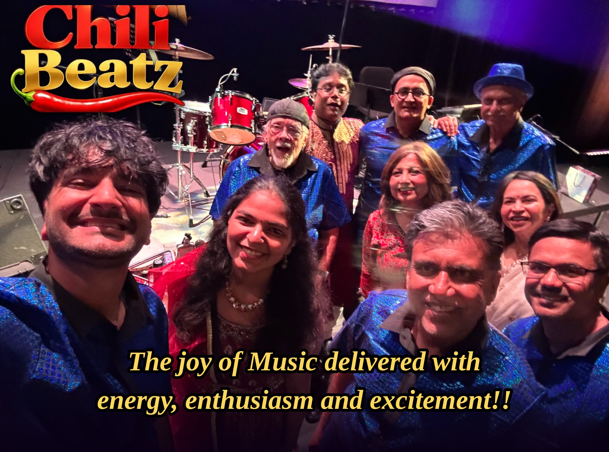 The Chili Beatz band smiling together on stage after a show, with the tagline: the joy of music delivered with energy, enthusiasm and excitement